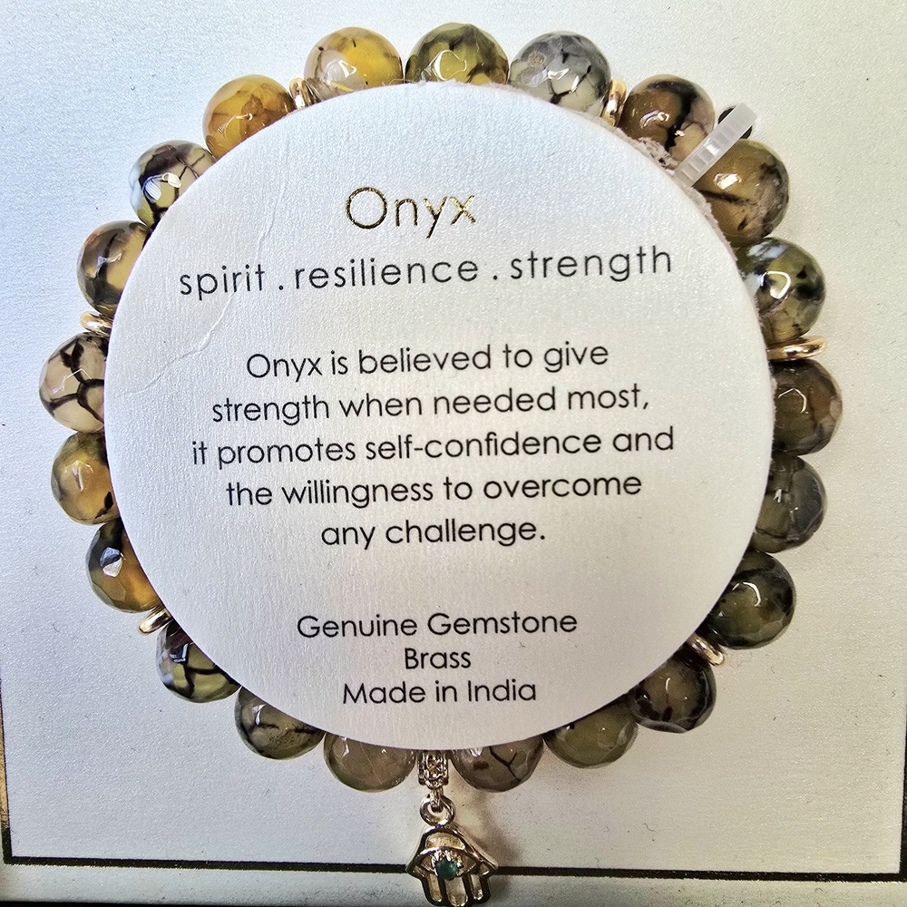 Onyx Multicolor Gemstone Bracelet with Gold Hamsa Charm - Picture 3 of 3